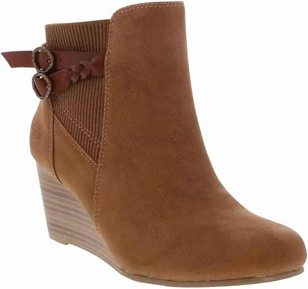 NEW BLOWFISH women's belrue wedge ankle boots in brown raven tech knit scotch
